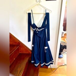 Hell Bunny Vixen Sailor Style Navy White Dress with Skull Anchor Detail Pockets